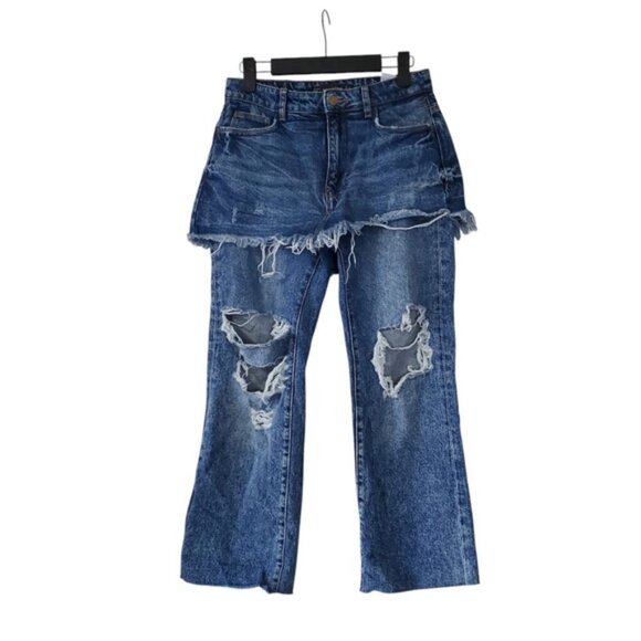 Zara Rare Distressed Streetwear Y2K Cyberpunk Layered Denim Skirted Jeans 00 - Picture 3 of 10